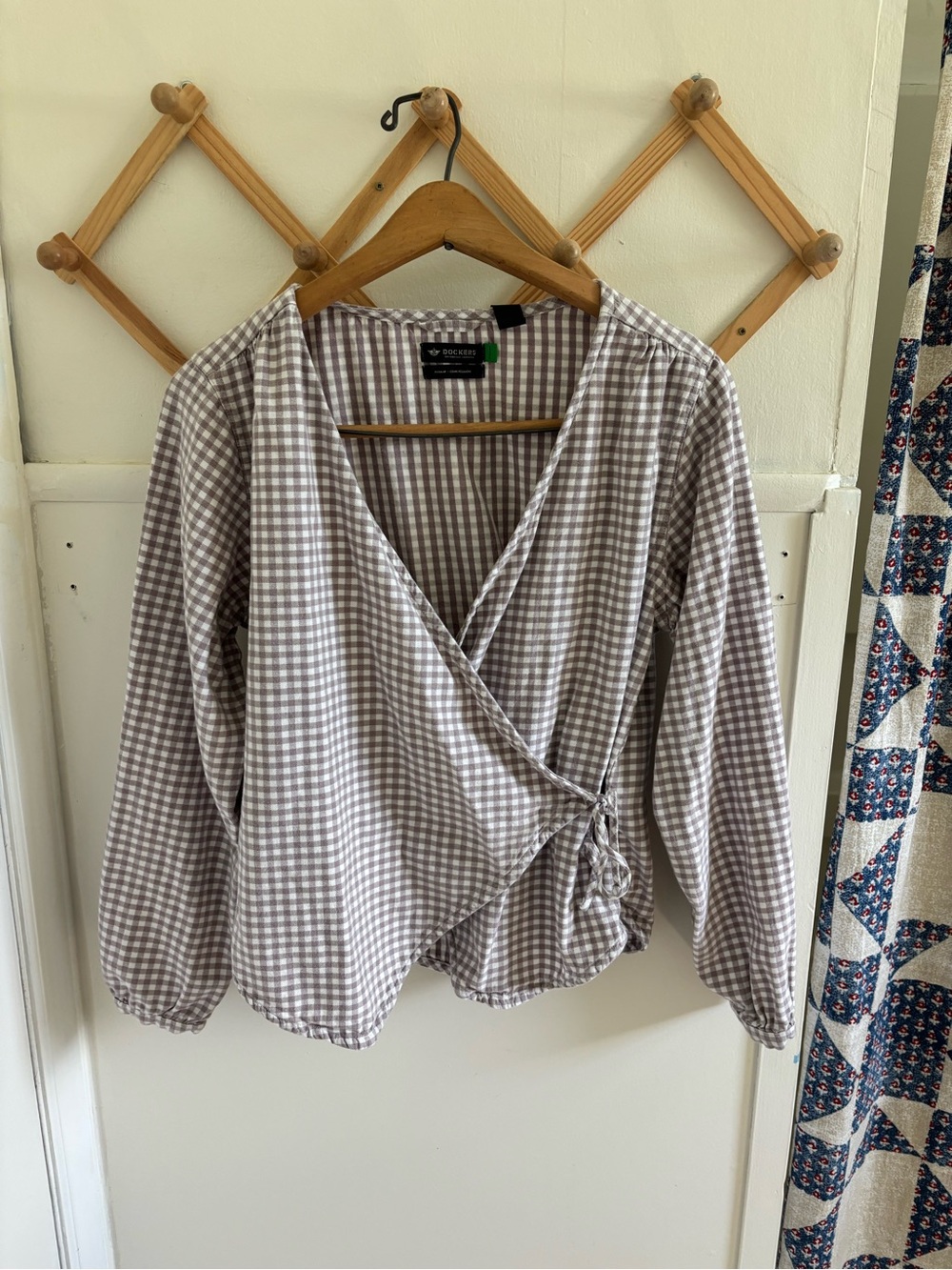 Dockers Taupe and White Gingham Wrap Blouse